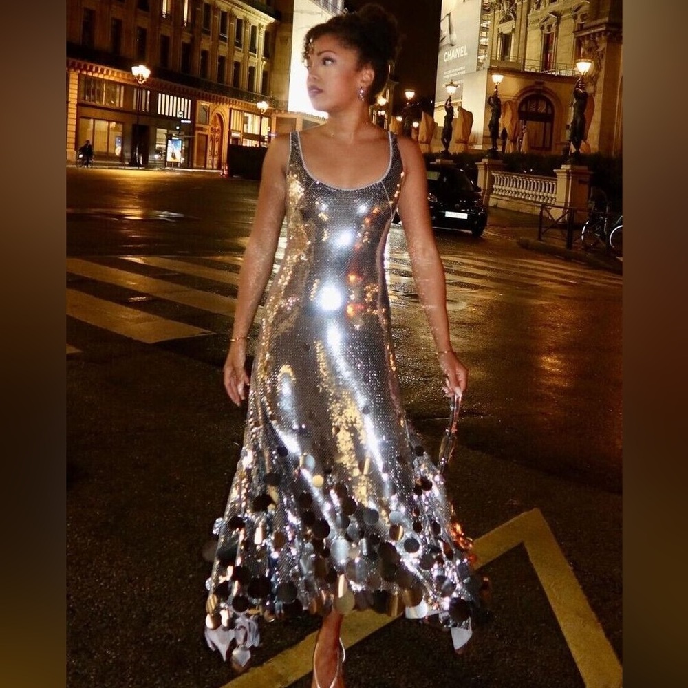 Paco Rabanne x H&M Silver Sequined Flared-Skirt Dress with Tags XS NYE
